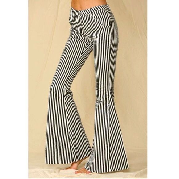 Black and White Striped Denim Bell Bottom Flare Pants - Picture 1 of 14